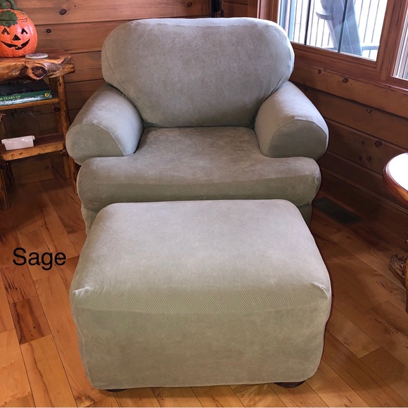 SURE FIT Sage Green Stretch Pique Chair (T-Cushion) and Ottoman Slipcovers NWOT - Picture 2 of 15